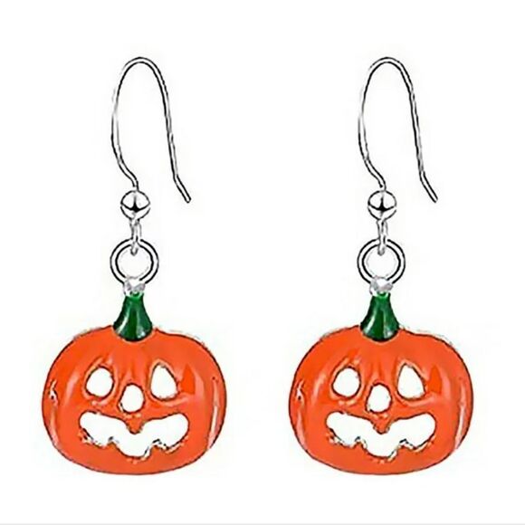 Pumpkin Dangle Earrings Halloween Jack o Lantern New Orange Green Silver - Picture 1 of 2